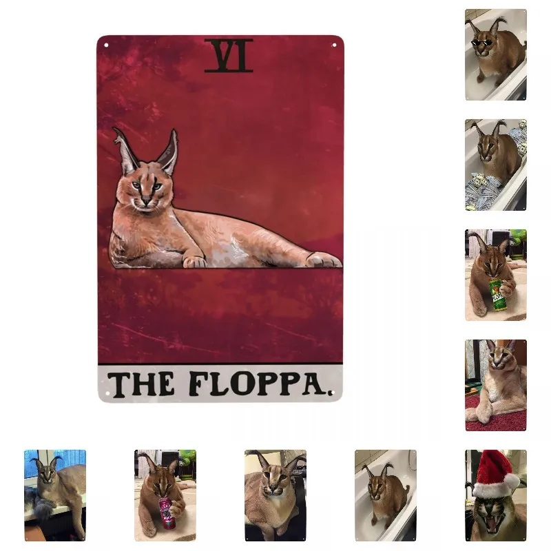 Vintage The Floppa Tarot Card Metal Signs Custom Cat Tin Plaques Pub Cafe Yard Wall Decor 12x8inch