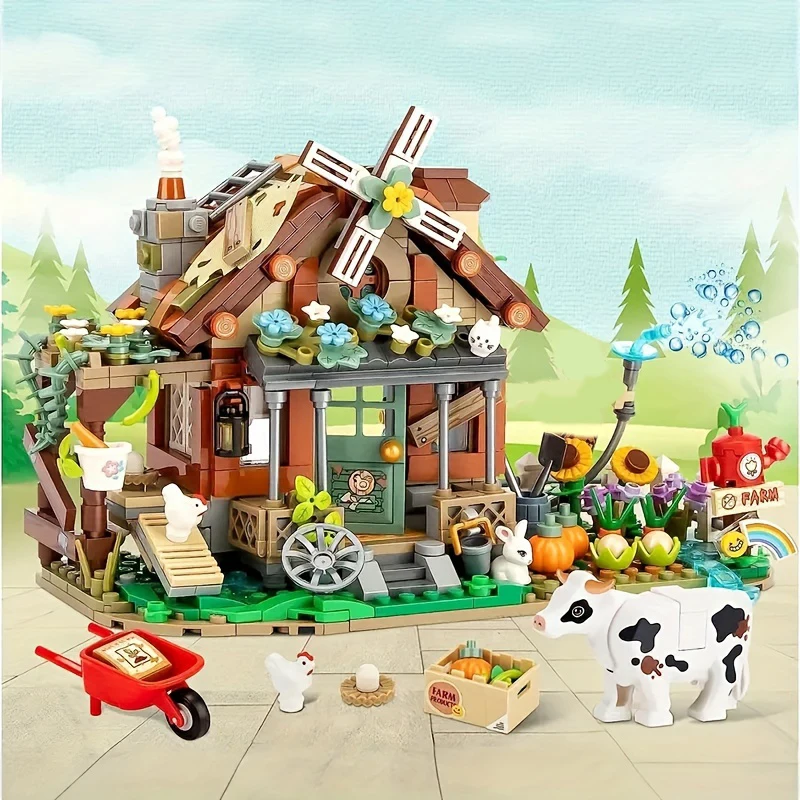 899PCS Farmhouse Living Building Blocks Diy Farmhouse Plants Animals Street View Model Mini Bricks Toy Children Holiday Gifts