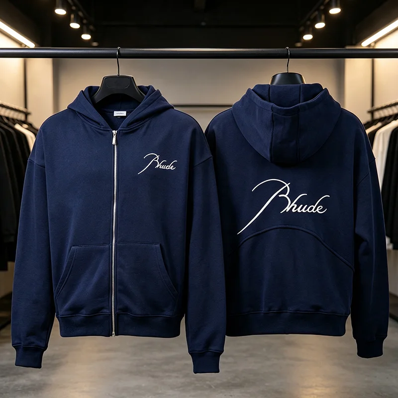 2026 New Arrival RHUDE Men's Streetwear Zip Hooded Jacket Navy Blue Chest White Script Embroidery Oversized Top