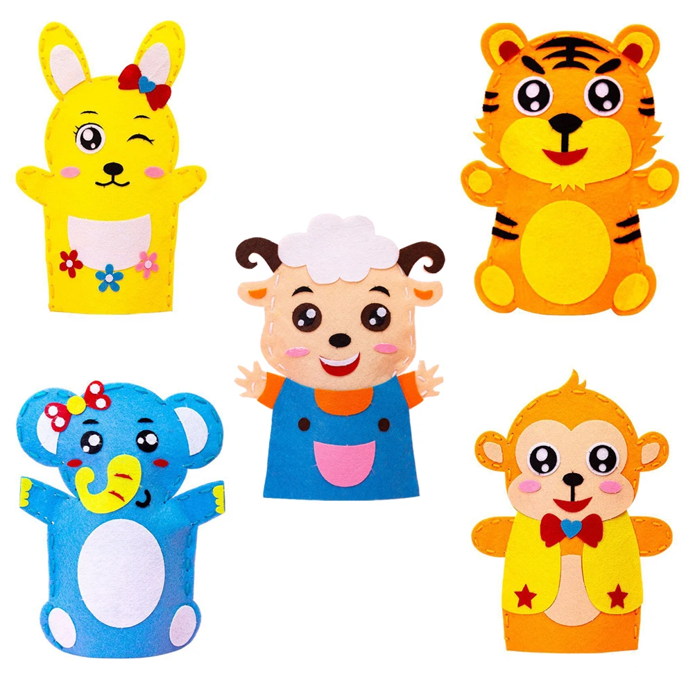 

5 set Hand Diy Sewing Crafts Kit Puppet Kit Tiger Rabbit Sheep Monkey Elephant Kids Educational Toys Role Play Supplies