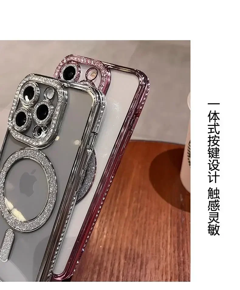 Luxury Glitter Magsafe Phone Case For IPhone 11 12 13 14 15 16 Pro Max Plus Transparent Magnetic Bumper Diamond Cover Ca