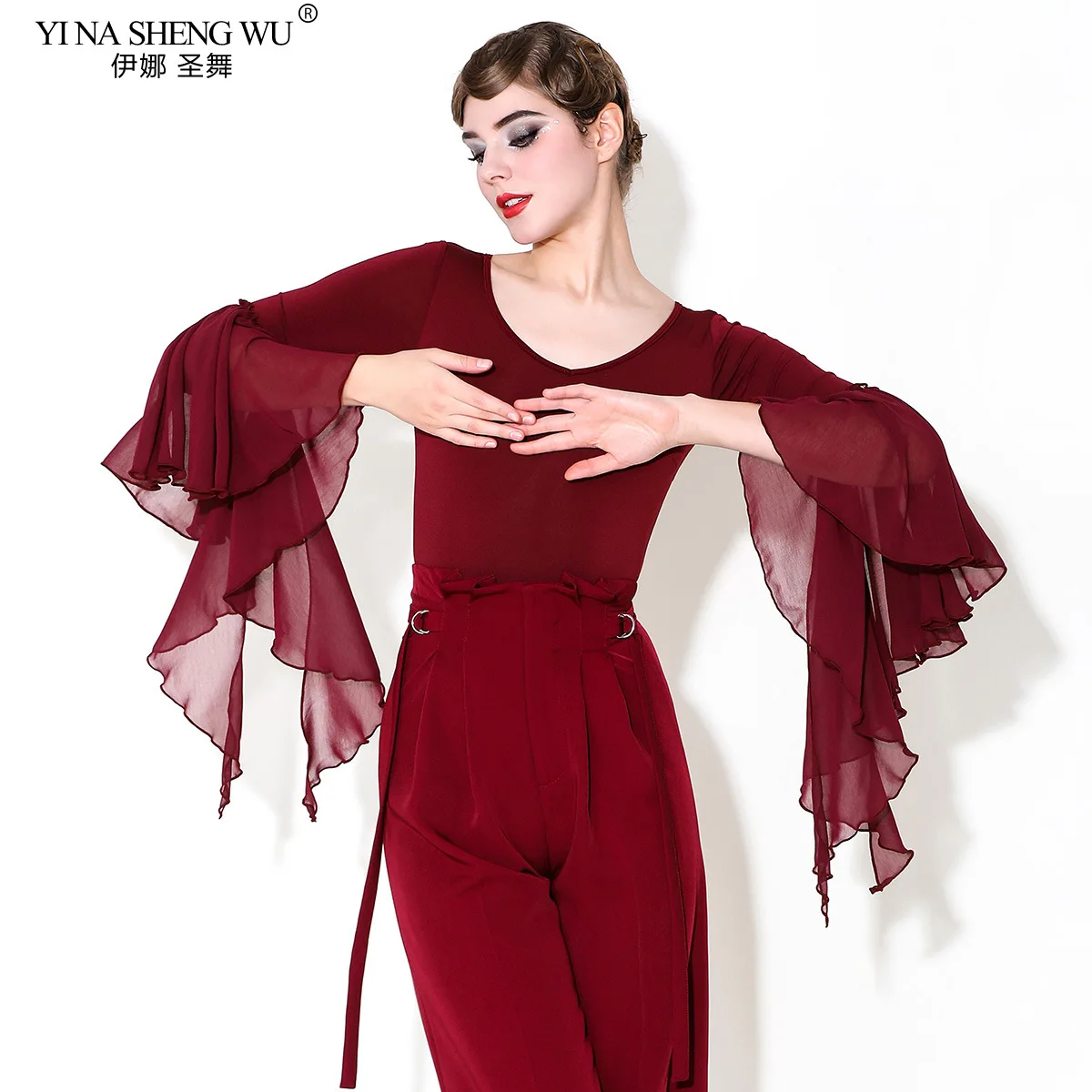 New Long sleeved Waltz Blouse Costumes Women Performance Modern Dance Clothes Bodysuit Ballroom Latin Dance Leotard Tops