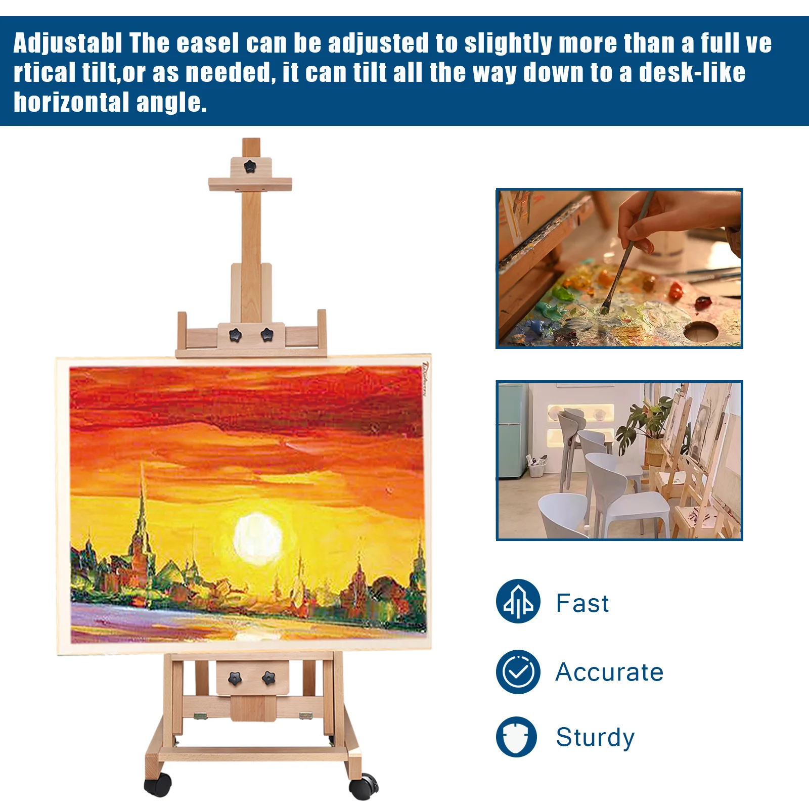 Floor Folding Sketch Easel Flat Standing Dual-Purpose, Heavy-Duty Studio Artist Easel H-Frame Wood Painting Art Easel Standing