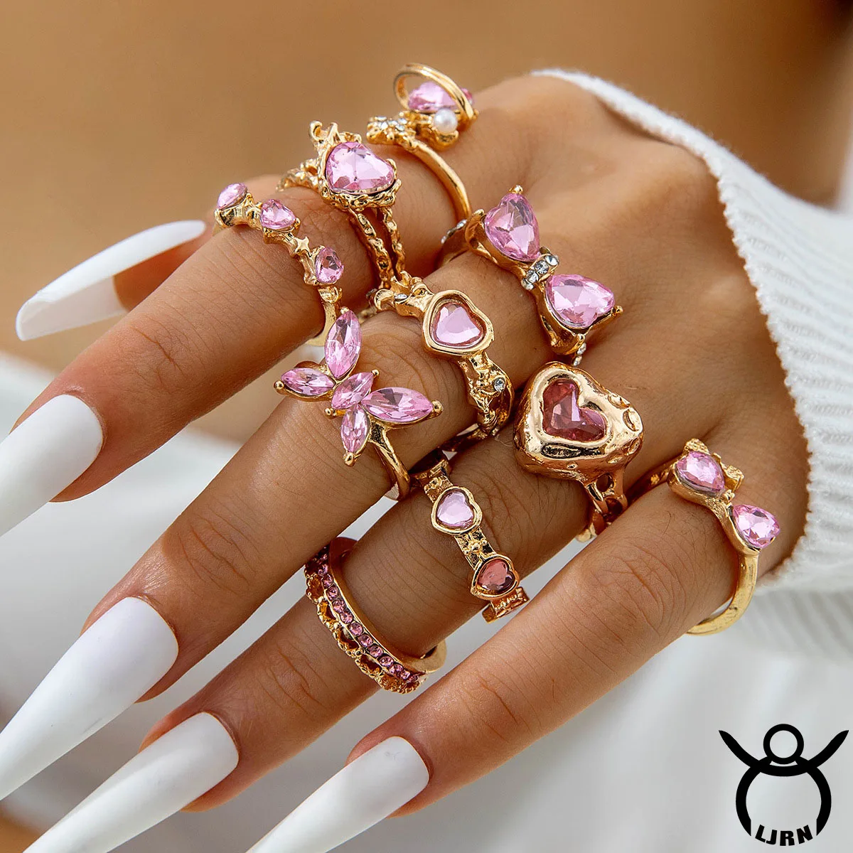 

10pcs Rings Set Vintage Geometric Pink Crystal Rhinestone Butterfly Metal Finger Ring Set Trendy Jewelry for Women Accessories