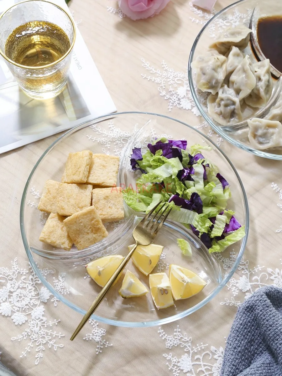 

empered glass three grid dining plate with vegetable plate, fruit salad plate, dessert snack plate