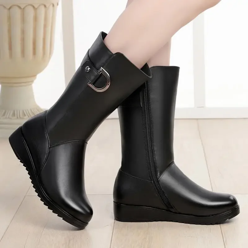 Winter Boots PU Leather Female High-heeled Women Long Warm Snow Lady Fashion Non-slip Thick-soled Boots