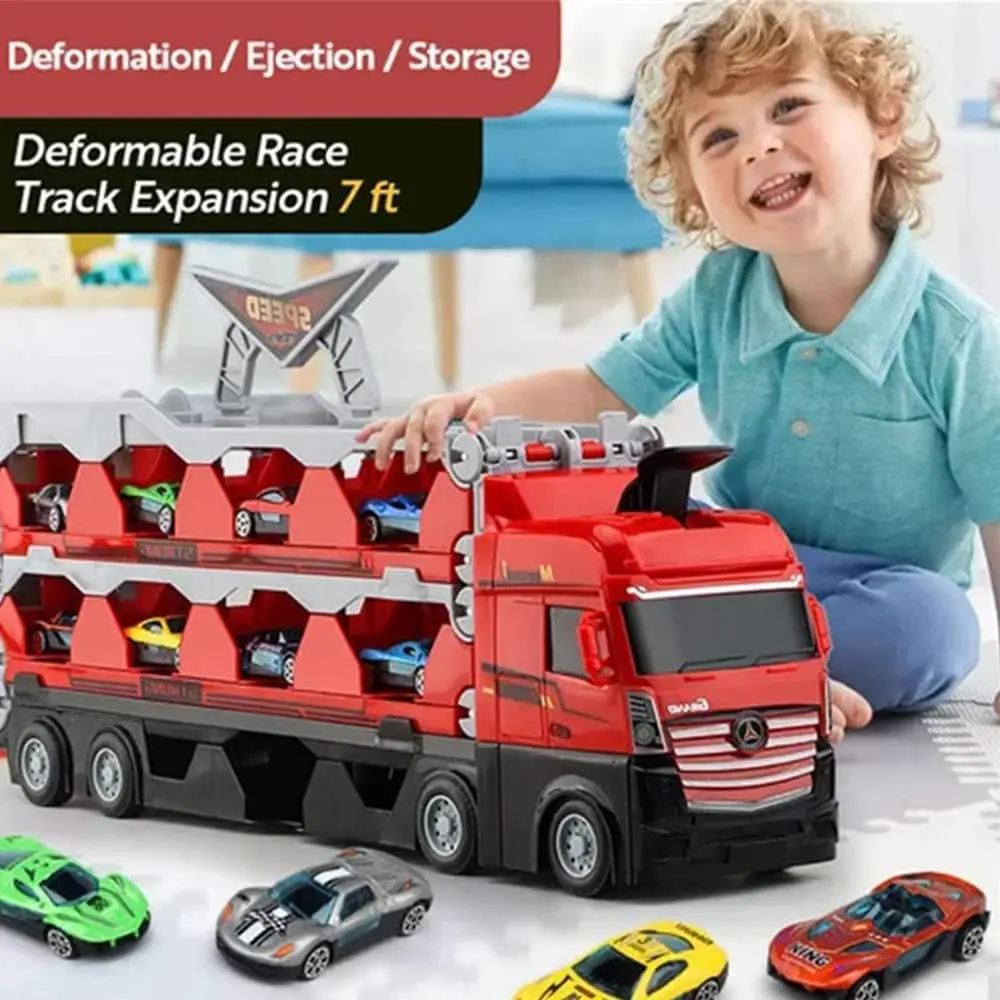 2023 New Mega Hauler Truck with Ejection Race Track, Kids Deform Catapulting Big Truck Storage Car Transporter Truck Toy Set