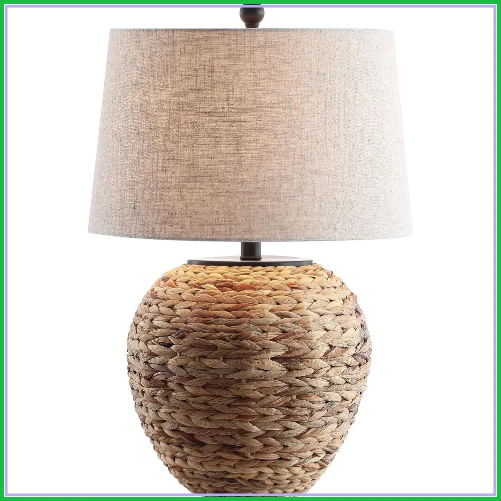 24.5" Natural Water Hyacinth Farmhouse Basket Table Lamp, Coastal Decor with Light Gray Linen Shade, LED Bulb Included