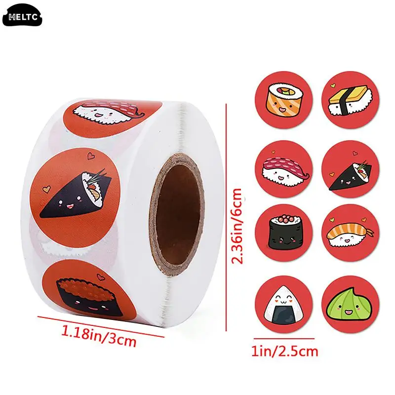 1Roll /500sheets Circular Cartoon Sushi Pattern Sticker Birthday Wedding Decor Sticker Baked Dessert Lunch Box Label Sticker