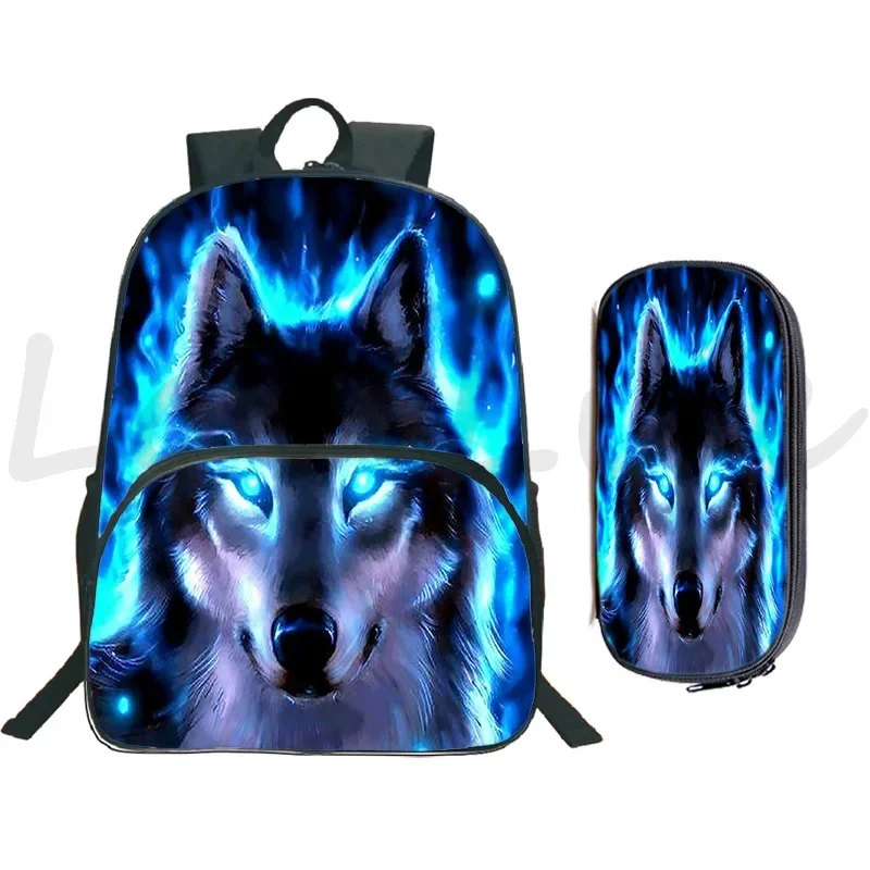 Mochila con estampado de Lobo y Animal para niños y niñas, Juego de 2 piezas con bolsa para bolígrafos, mochilas escolares de gran capacidad, mochila de viaje para ordenador portátil