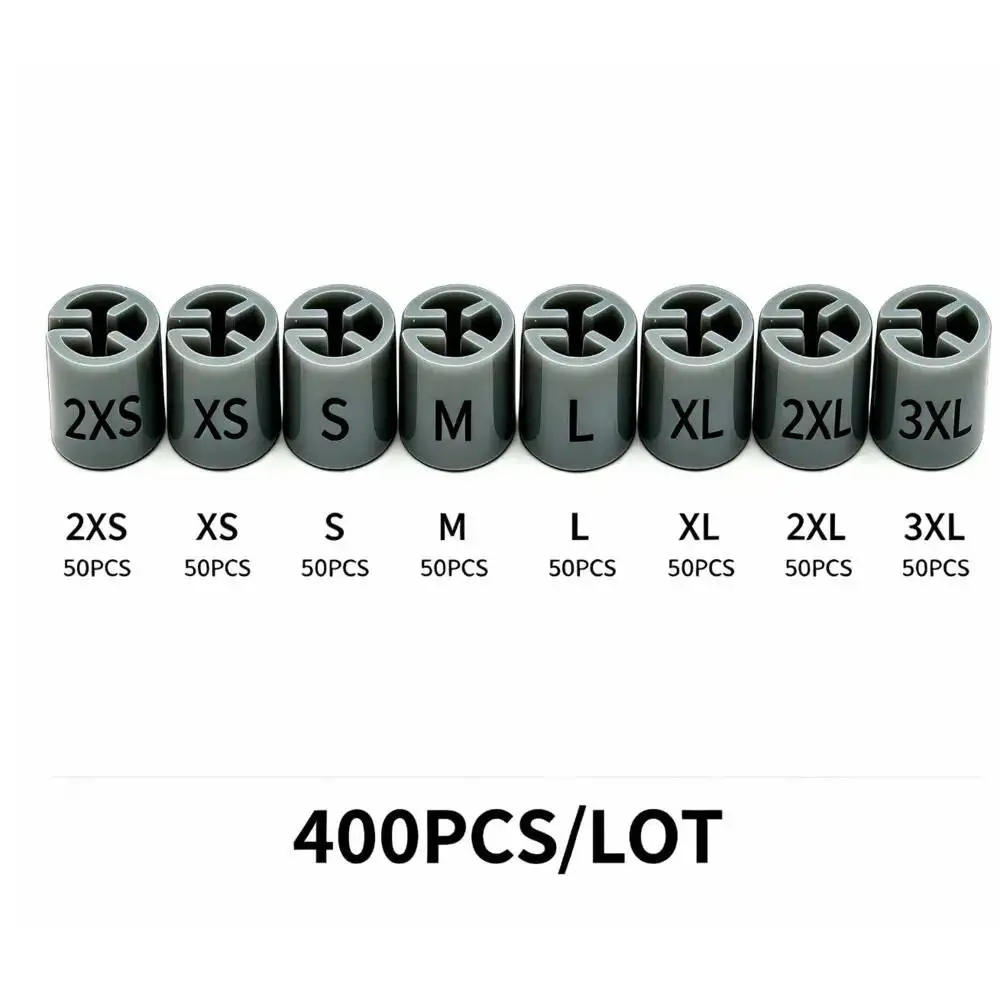 400 Stück/Lot Kleiderbügel mit Kreisgrößenmarkierungen XS/S/M/L/XL/XXL, bedruckte Größenetiketten-Clips, Kleidergrößenmarkierungen, grau gefärbt – Detail 3
