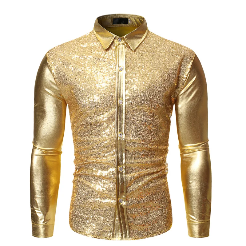 

Gold Metallic Sequins Glitter Shirt Men 2023 New 70's Disco Party Christmas Costume Chemise Homme Stage Performance Shirt Male