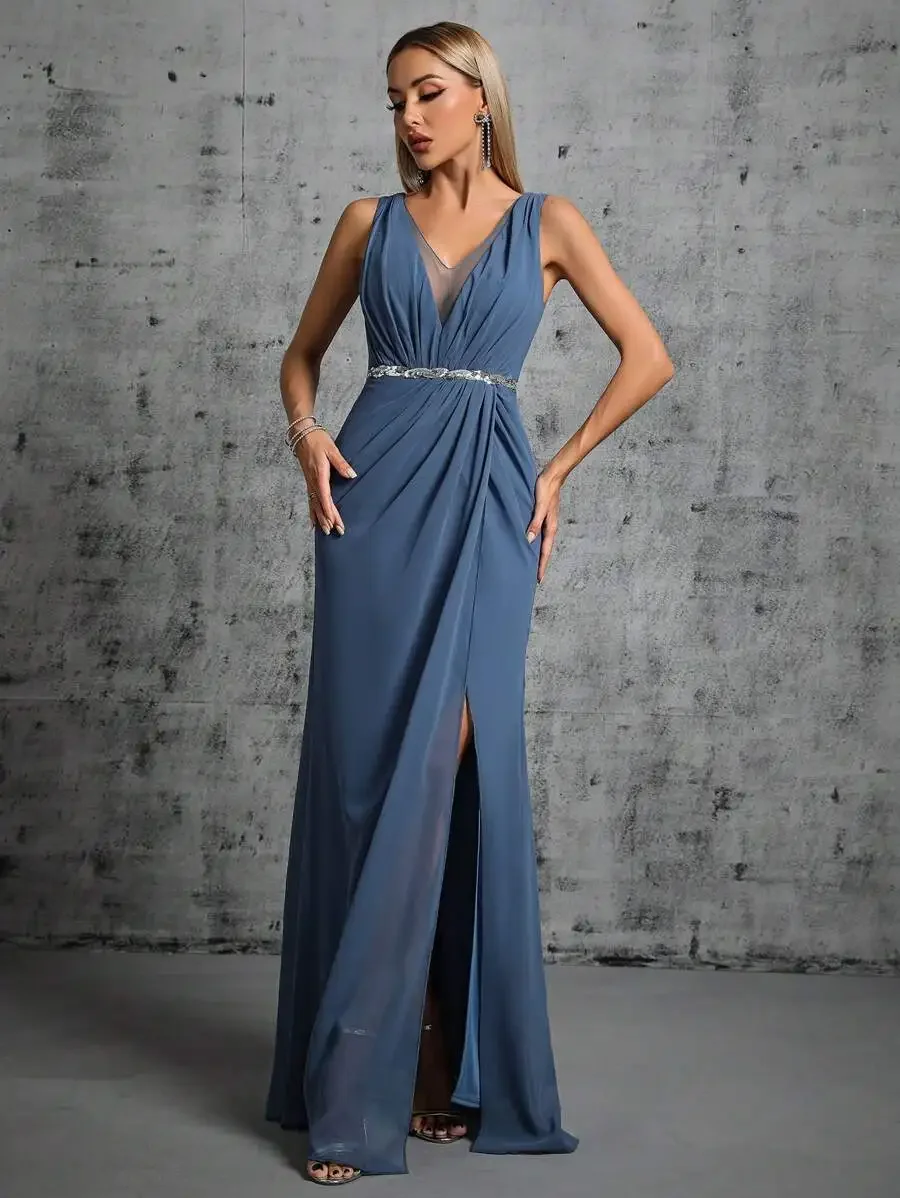 

Deep V-Neck Backless Chiffon Party Dress With Silver Sash High Split Elegant Bridesmaid Wedding Gown