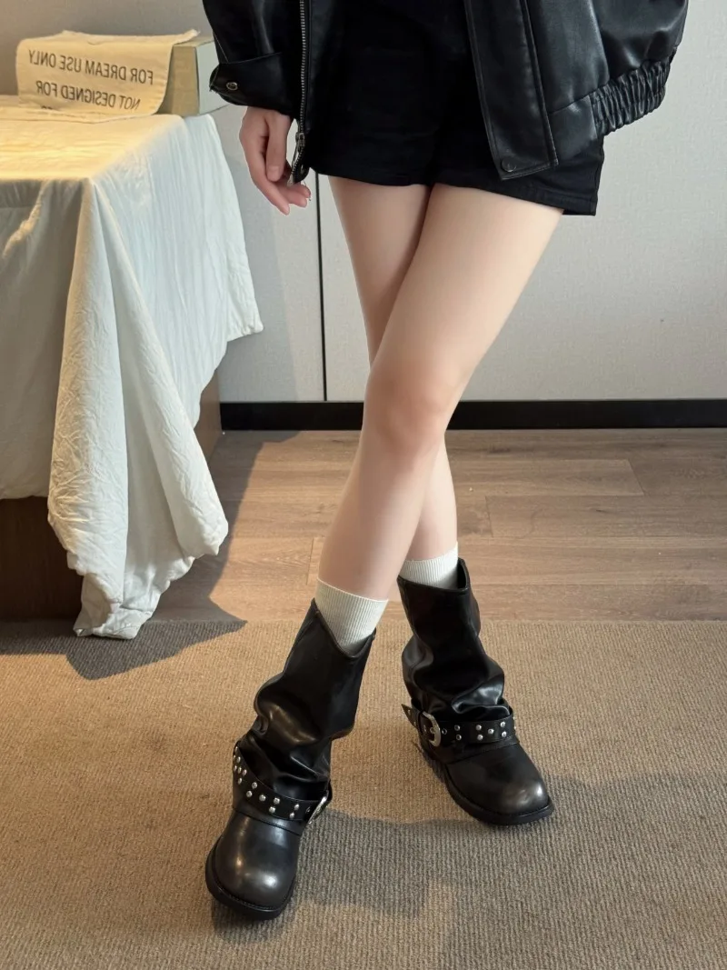 Belt Buckle Motorcycle Boots, Short Pants Boots for Women, 2026 Fall/Winter New Thick-Heeled Mid-Calf Studded Rider Boots