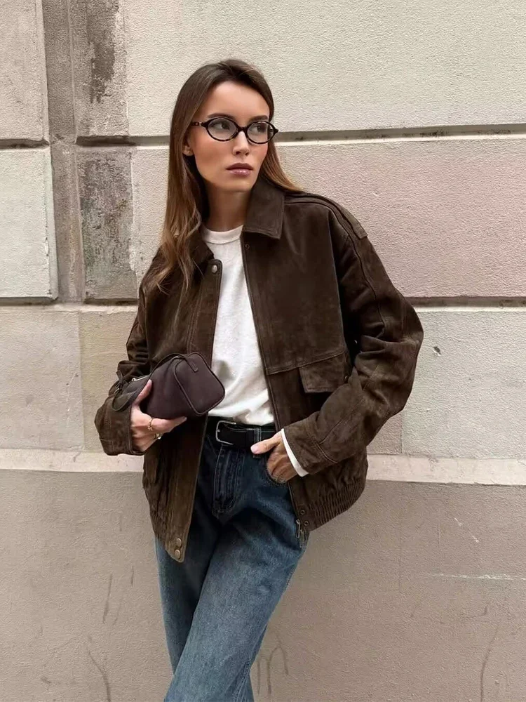 Senhora chique lapela curto bombardeiro jaqueta casual manga cheia com zíper bolso solto colheita jaquetas 2026 primavera feminino diário rua outerwear