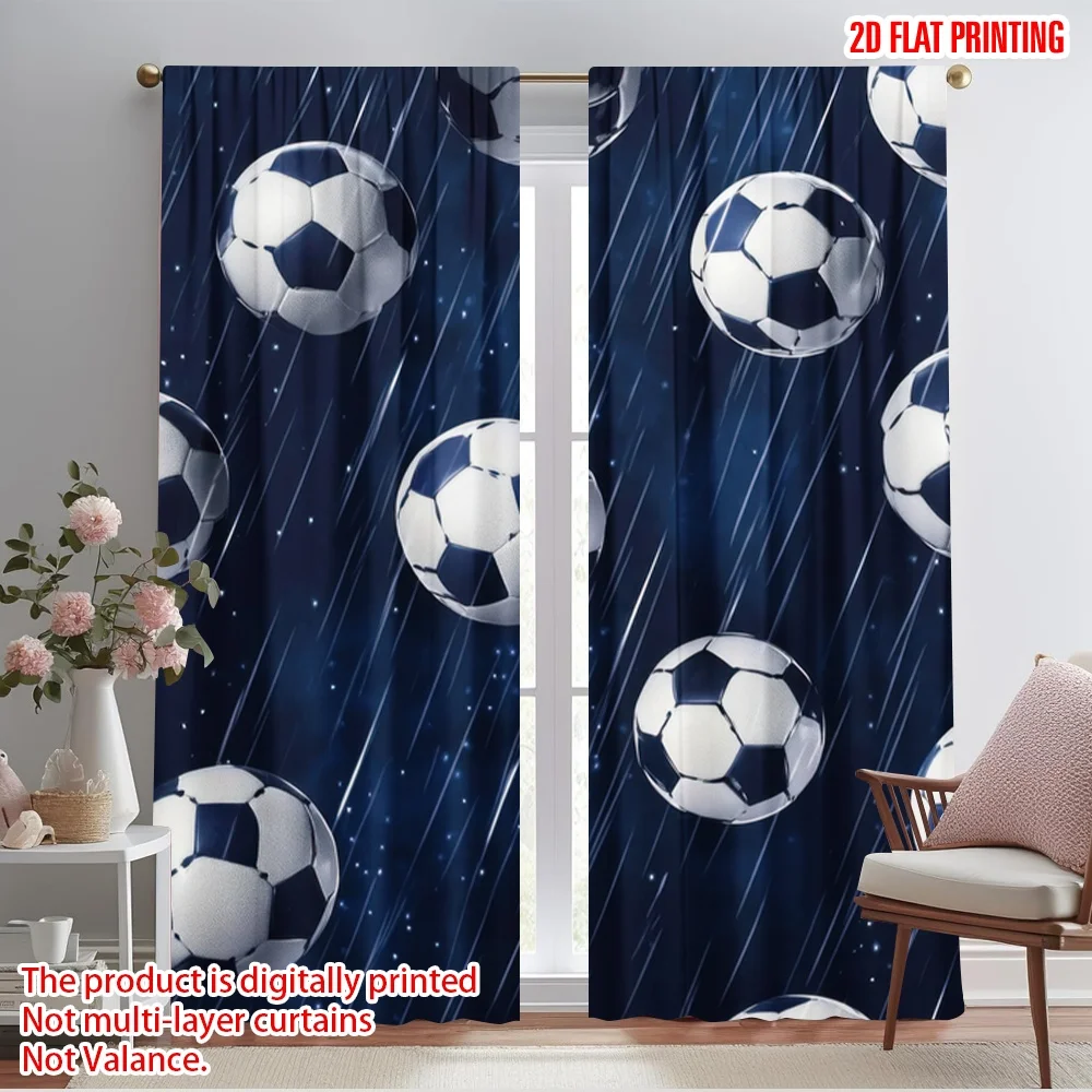 2pcs,2D plane printing Curtains Digital Printed SoccerRainfall Polyester Easy Install (without rod) All Seasons Perfect for
