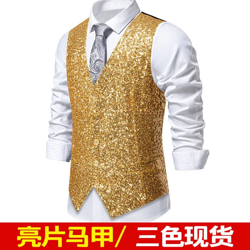 

2025 Men's sequined horse V-neck, emcee, host performance, vest