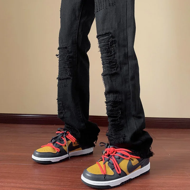 Pantalones vaqueros con parche elástico para hombre, Jeans rectos con decoración de borlas creativas, estilo Hip Hop, Y2K