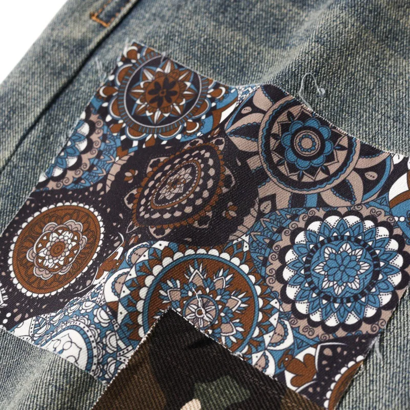 Hole & Patch Jeans Men's Fashionable Patch Printed Loose Straight American Street Retro Distressed Stitching Denim Long Pants