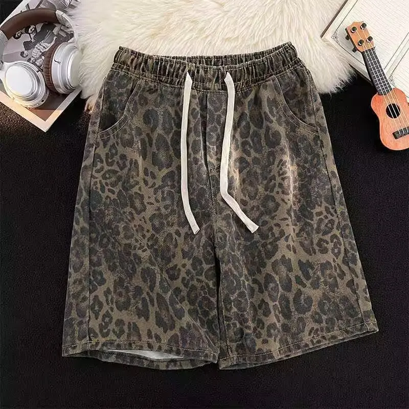 American Retro Leopard Print Casual Shorts Male Trendy Hip-Hop Street Loose Straight-leg Fifth Jeans Drawstring Pocket Shorts