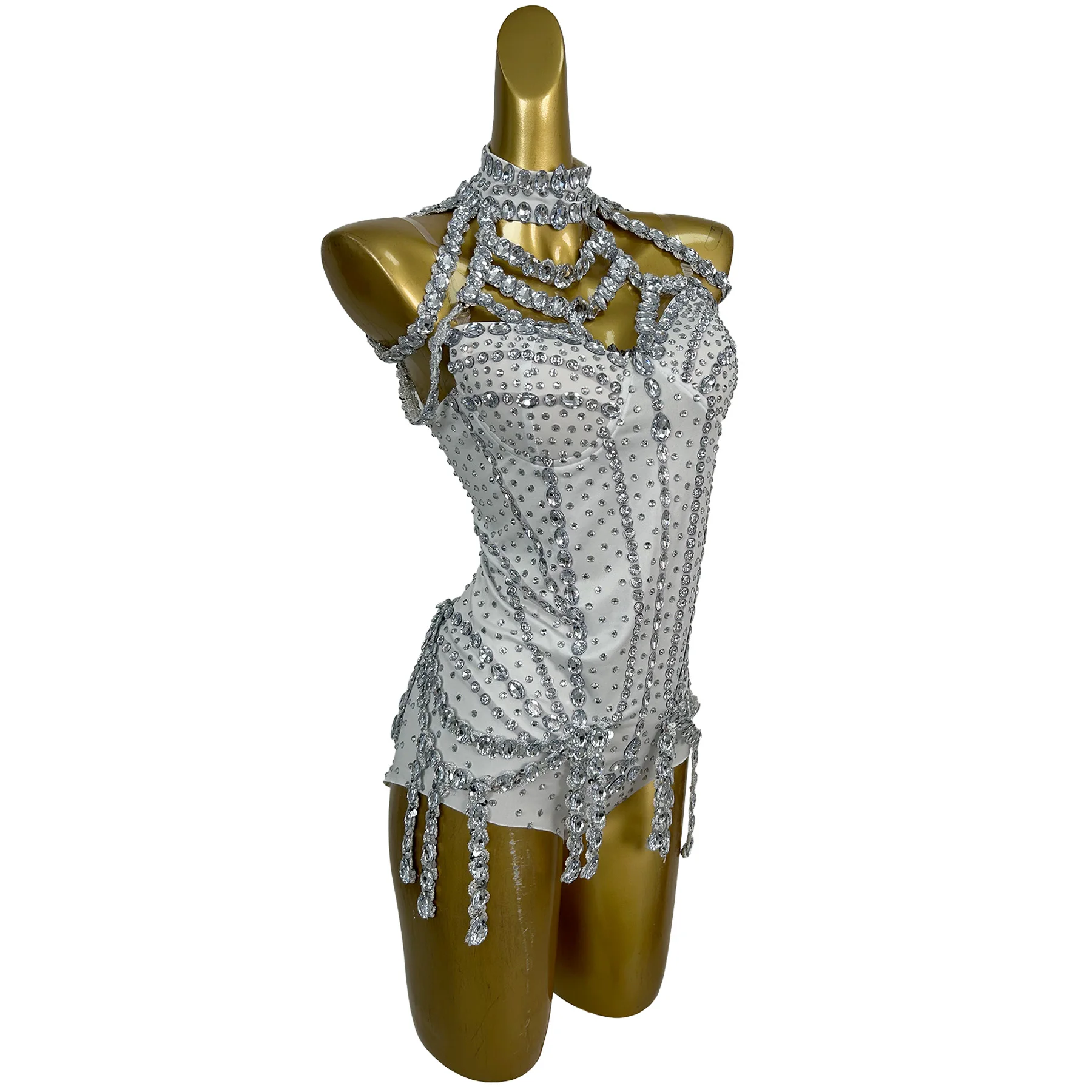 Fashion Luxury Sparkly Rhinestone Crystal Rhinestone Bodysuit Tassel Spandex Elastic Club Stage Dance Performance Outfit Chunbai