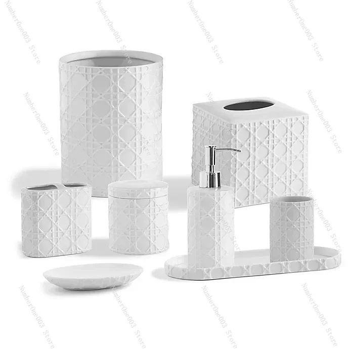 

Three-Dimensional Woven Pattern White Ceramic Bathroom Wash Kit Cup