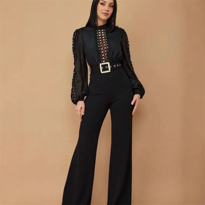 Doyerl Elegant Romper Woman Jumpsuit Birthday Long Sleeve Hollow Out High Waist One Pieces Overalls Club Party Outfits with Belt