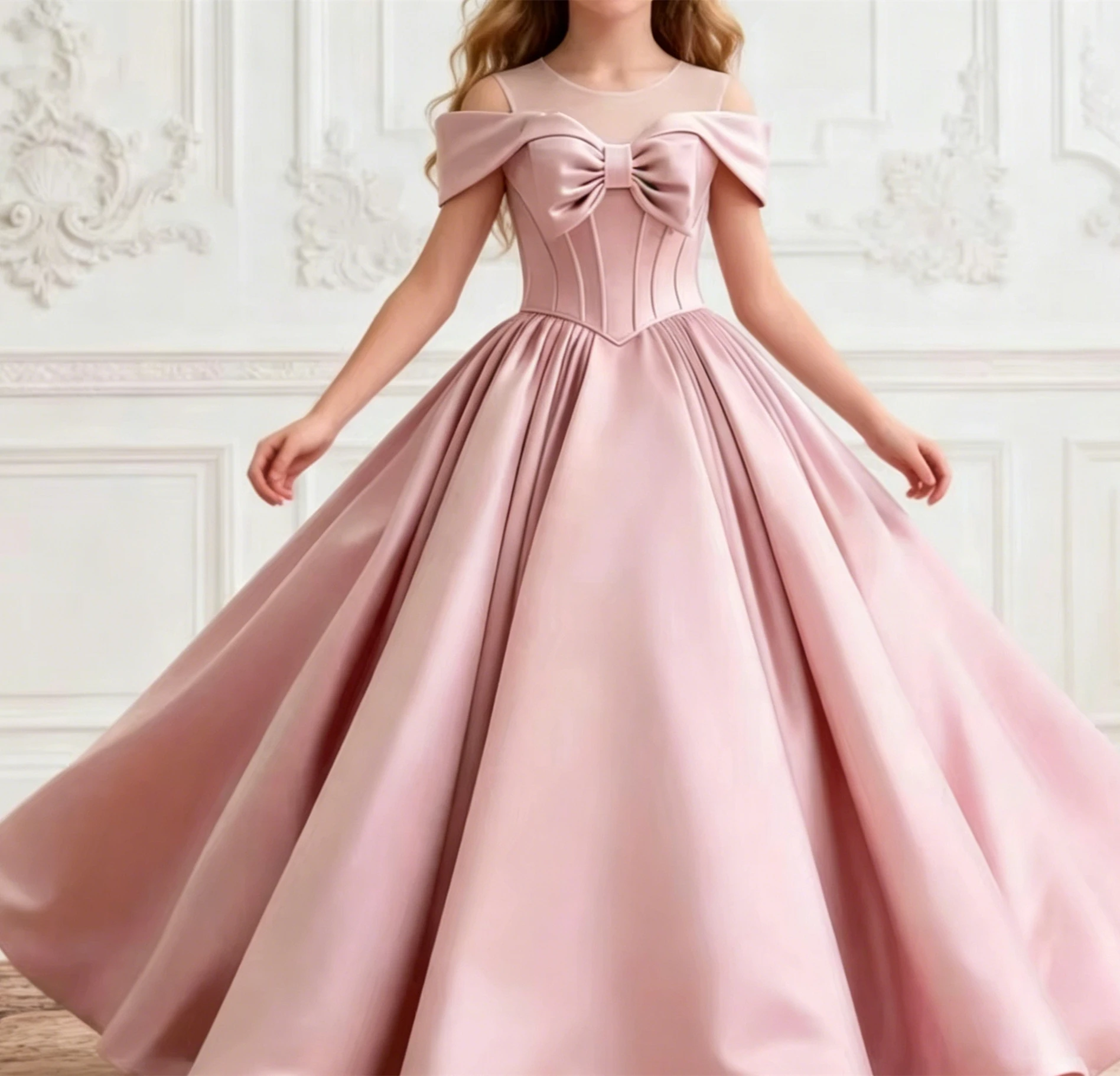 Customized Pink Flower Girl Dress For Wedding Bow Short Sleeve High Waist Floor Length Kids Birthday First Communion Gown