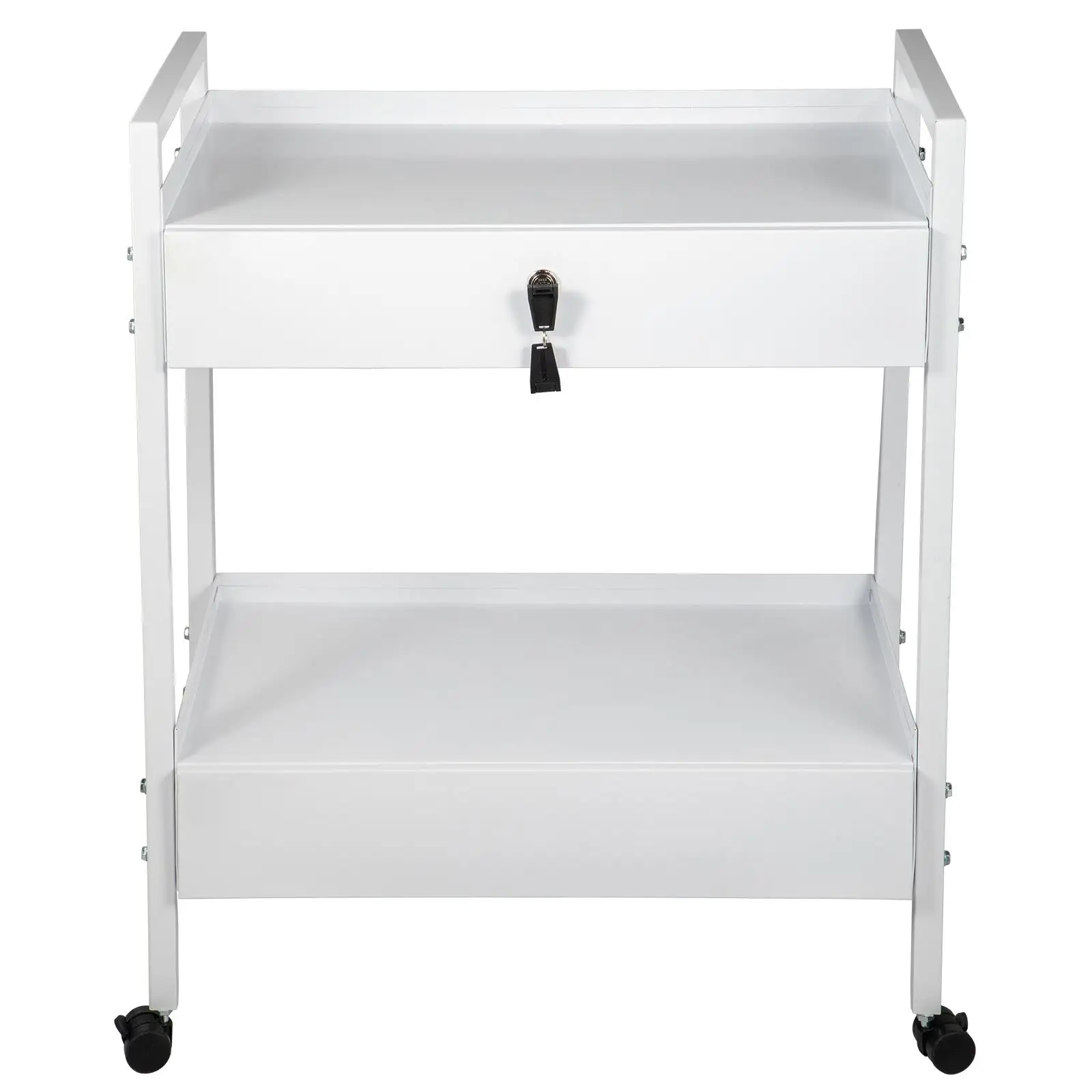 2 Tier Stainless Steel Utility Cart with 2 Drawers Rolling Medical Lab Serving Cart with Swivel Casters for laboratory Hospital Dental Salon Beauty White Painted