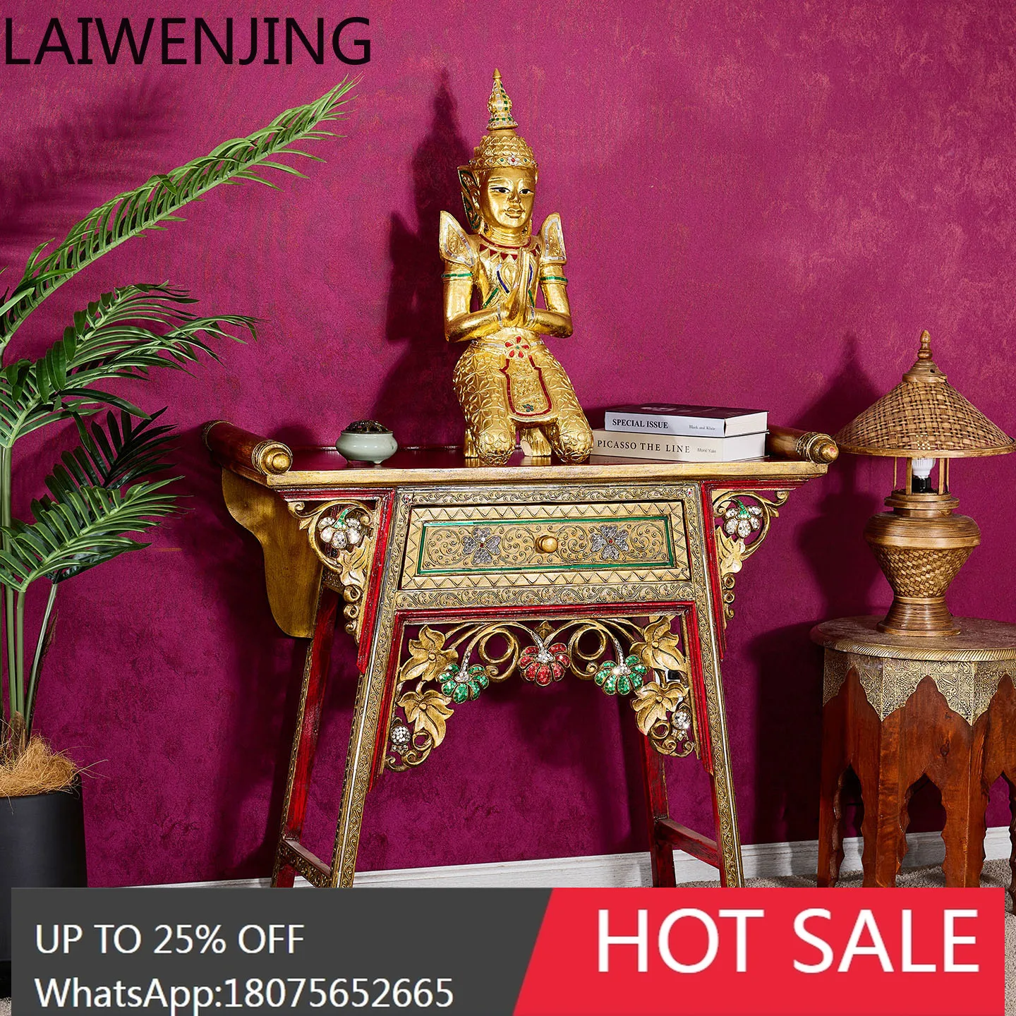 HLZ Southeast Asian Style Furniture God and Buddha Altar Table Strip Case Table  gold God of Wealth Guanyin Incense Case