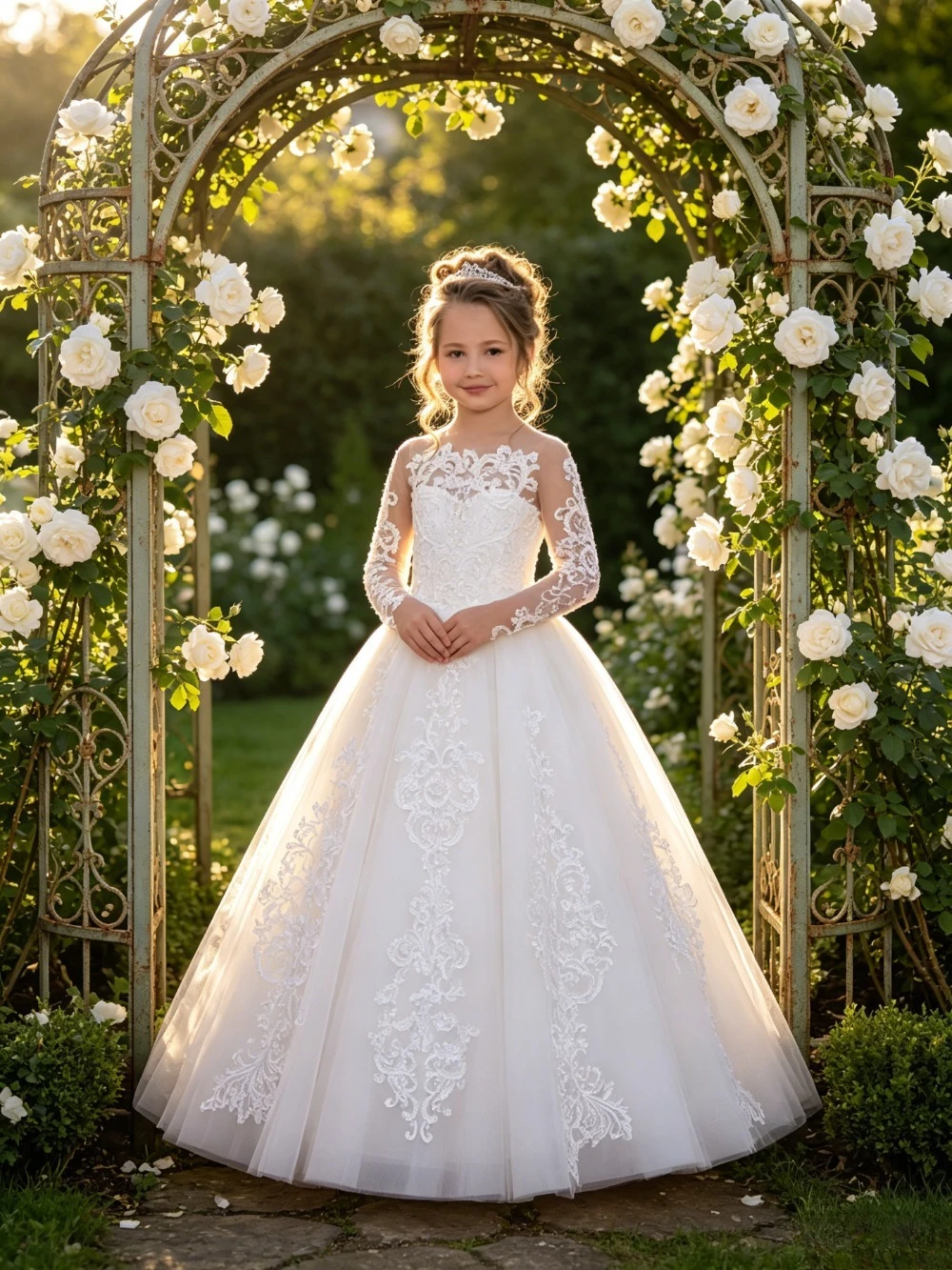 Customized Long Sleeved Lace Wedding Dresses Sheer and Floor Skirt with Back Decal Bow Suitable for Children's Princess Parties