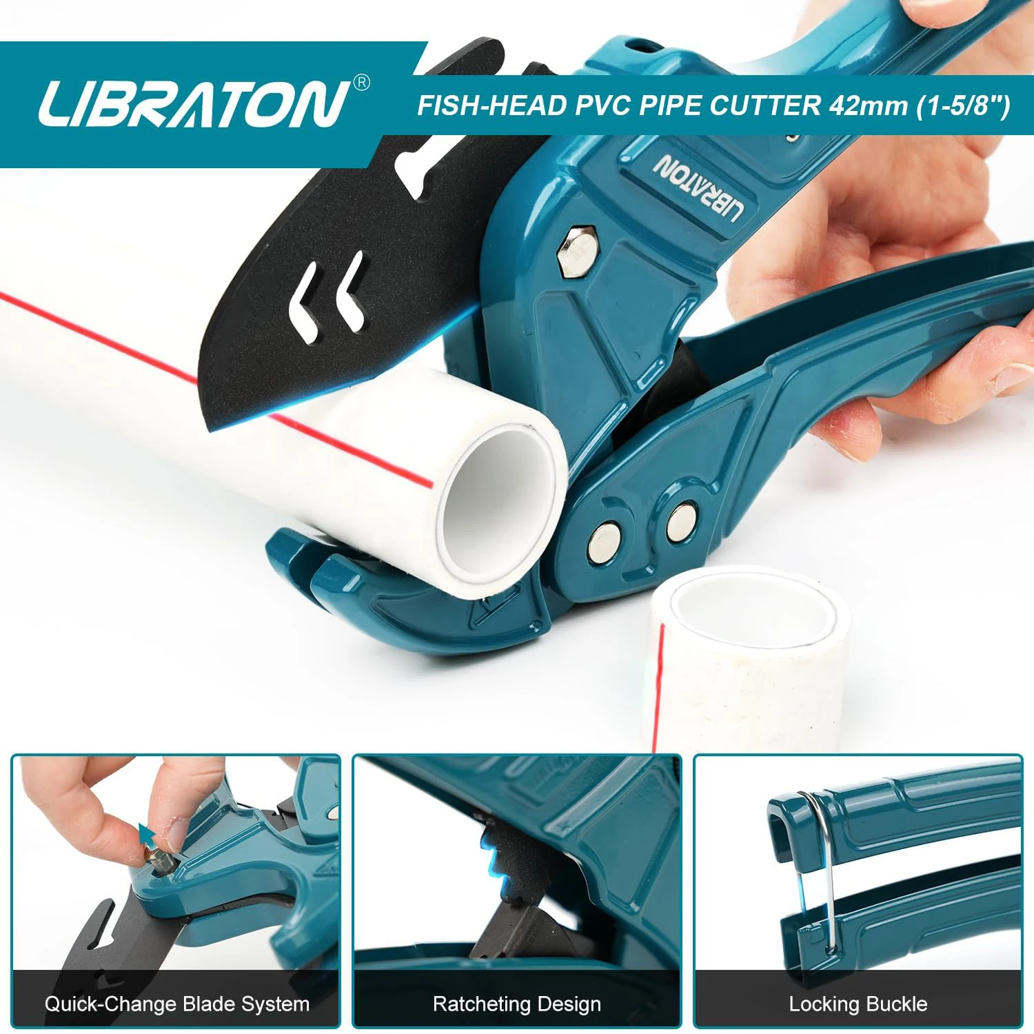 Libraton PVC Pipe Cutter 1PC Up to 42mm, Fish-Head Ratchet PEX Cutter, Heavy-Duty Plastic Pipe Cutting Tool for Hoses & Plumbing