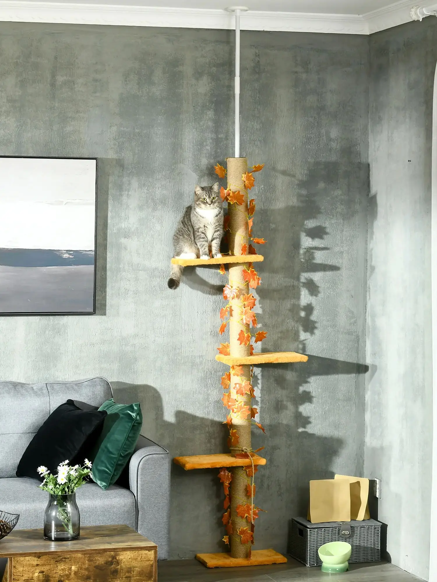 PawHut Árbol para Gatos del Suelo al Techo 37x21x202-242 cm con Altura Ajustable