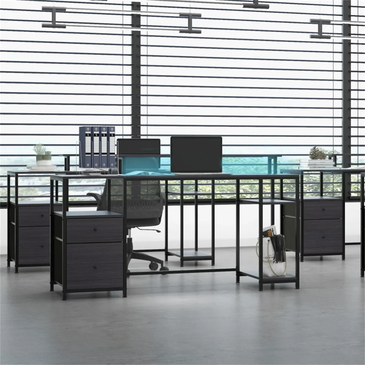 

Office Computer Desk, Wireless remote adjusts LED light, 2 power outlets and 2 USB ports for easy charging,Two shelves , black