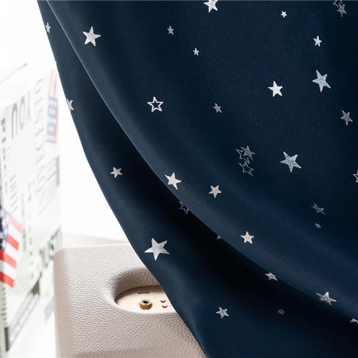 

1 pc Blackout Curtain Punch Free Double-Sided Tape Silver Star Decorative Thickened Sun Block Window Drape For Home Bedroom Kids