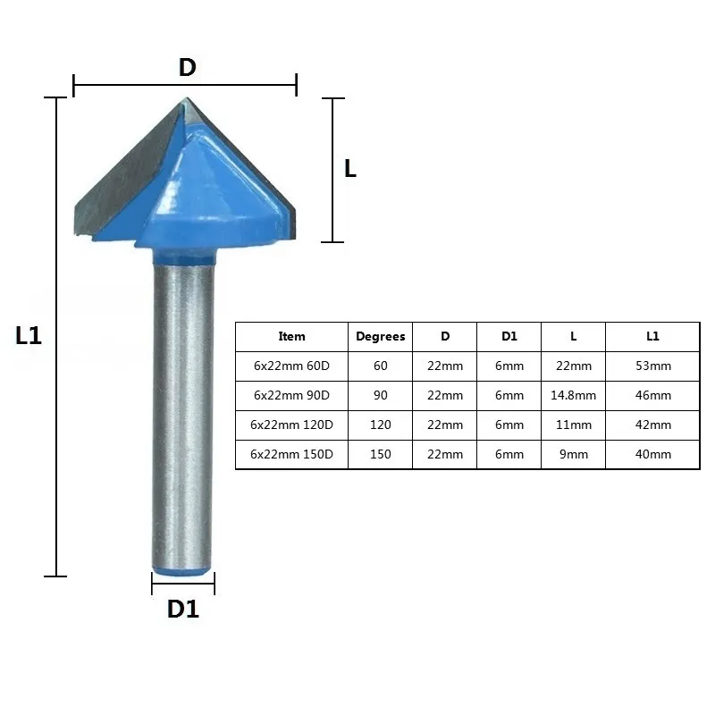 CMCP 60/90/120/150 Degrees V Groove Router Bit 1pc 6mm Shank For Wood Carbide Trim Router Bit Woodworking 3D Milling Cutter