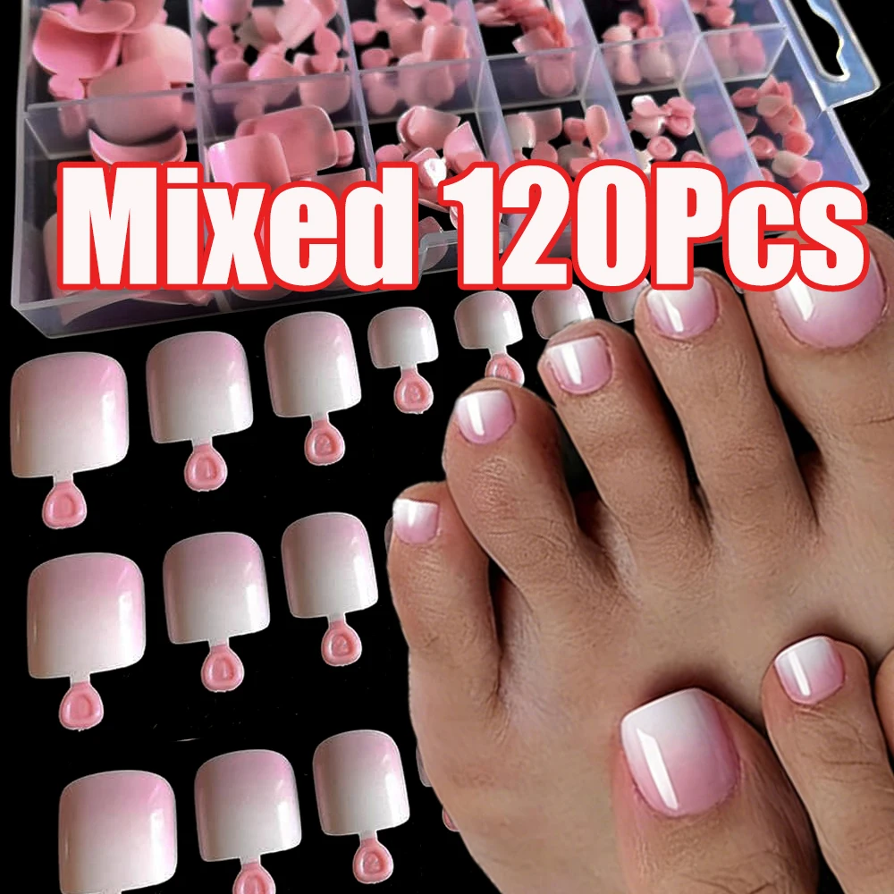 120Pcs/Box Gradient Ombre Pink Press On Toenails 12-Size Mixed Gradient Pink Square Toenails Tip Full-Cover Ombre False Foot Tip