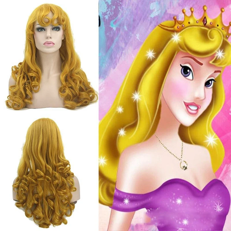 Aurora Princess Cos Wig Cover Ball Woman Evening Dress Match Headwear Yellow Long Curly Hair Anime Sleeping Beauty Heroine Wig