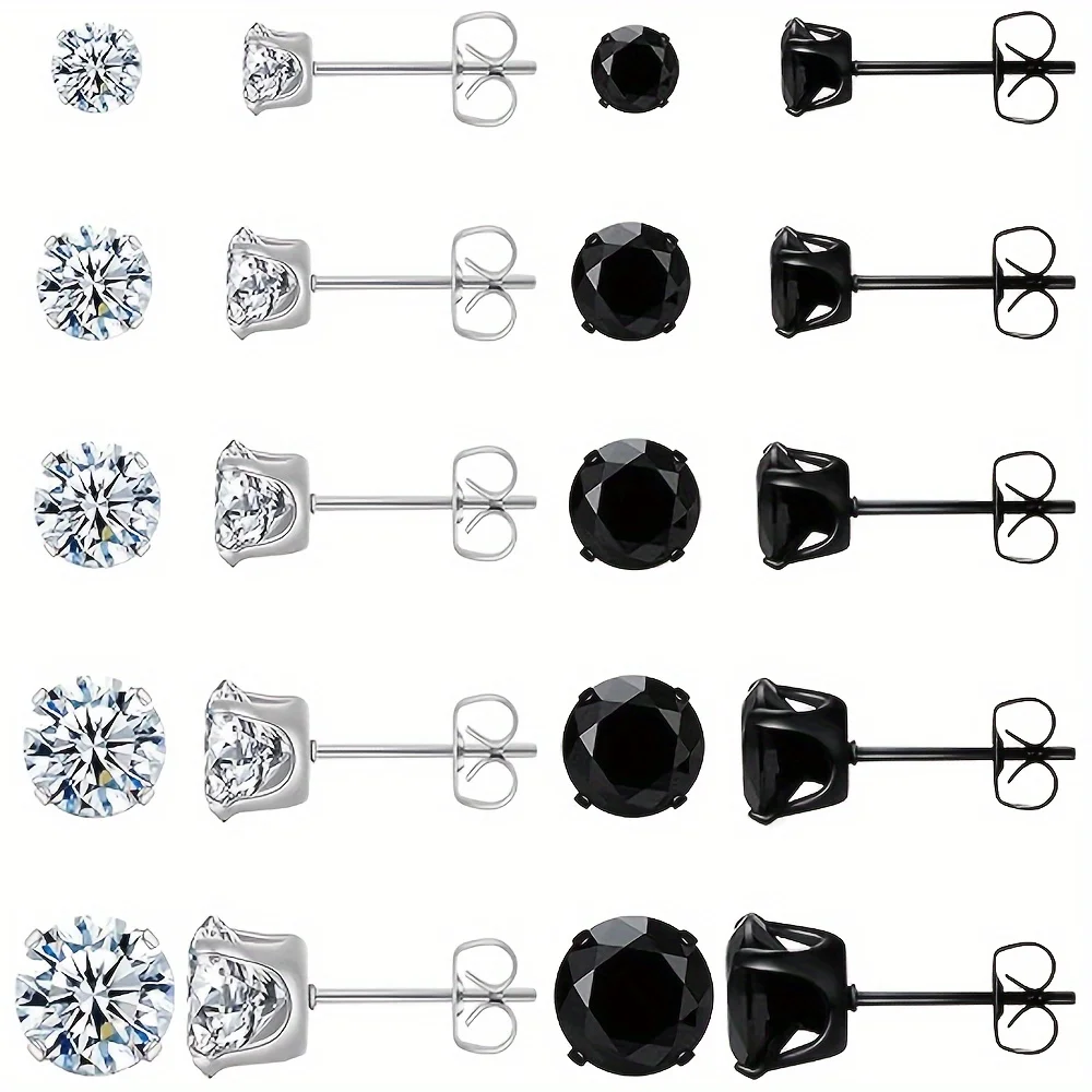 

10 Pairs/Set Unisex Fashion Stainless Steel Round Cubic Zirconia Cartilage Stud Earrings for Men Women Daily Party Wear Jewelry