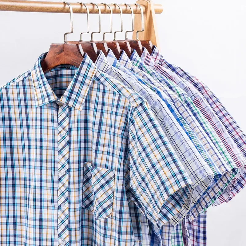 Plaid Summer Thin Pure Cotton Short Sleeve Checkered Slim Fit Male Casual Social Shirts Men's Clothing Blouses camisa hombre