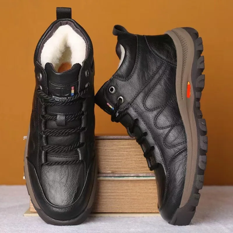 Men's cotton shoes 2025 winter wool and fur integrated with plush thickening winter warm and casual high top leather shoes