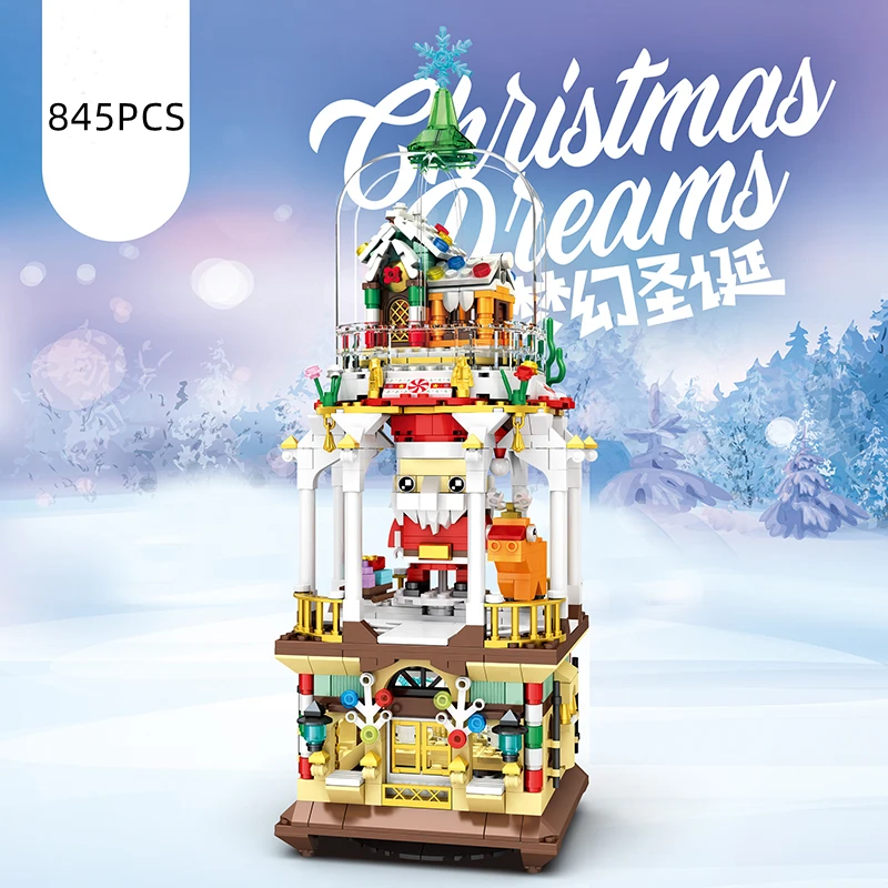 

845PCS Christmas House Gift Craft Santa Claus Models Lighting DIY Kit Collectible Display Rotate Models Roleplay Child Toys