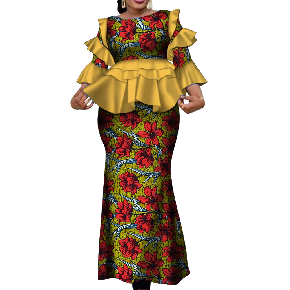 African Two Piece Outfits Set for Women Fashion Dashiki Ruffle Dashiki African Clothes Bazin Plus Size Clothing for Party WY4142