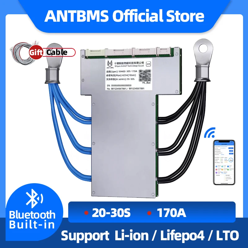 

ANT BMS 20S 21S 22S 23S 24S 25S 26S 27S 28S 29S 30S smart BMS 170A peak 425A Li-Ion LiFePo4 LTO Battery BT Built-in BMS Balance