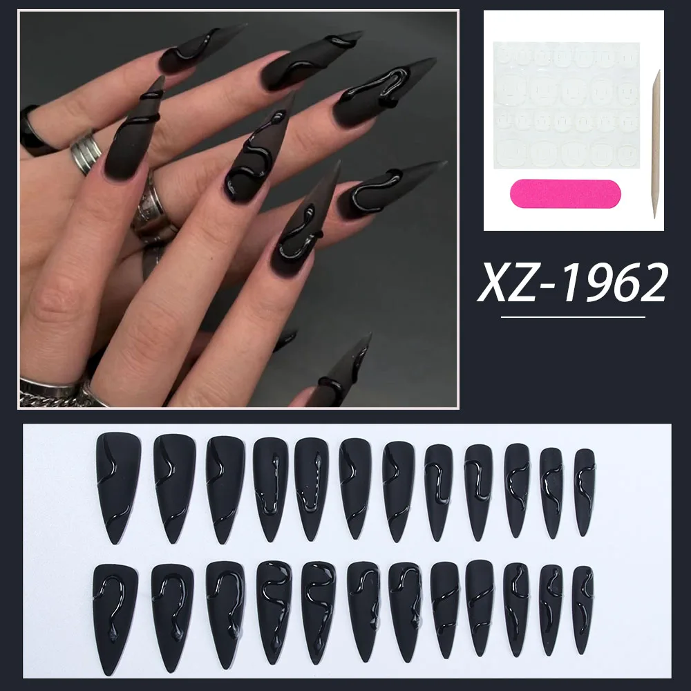 24pcs long false nail black water drop nail, all cover press-on nail, black snake winding nail design, suitable for cool girl