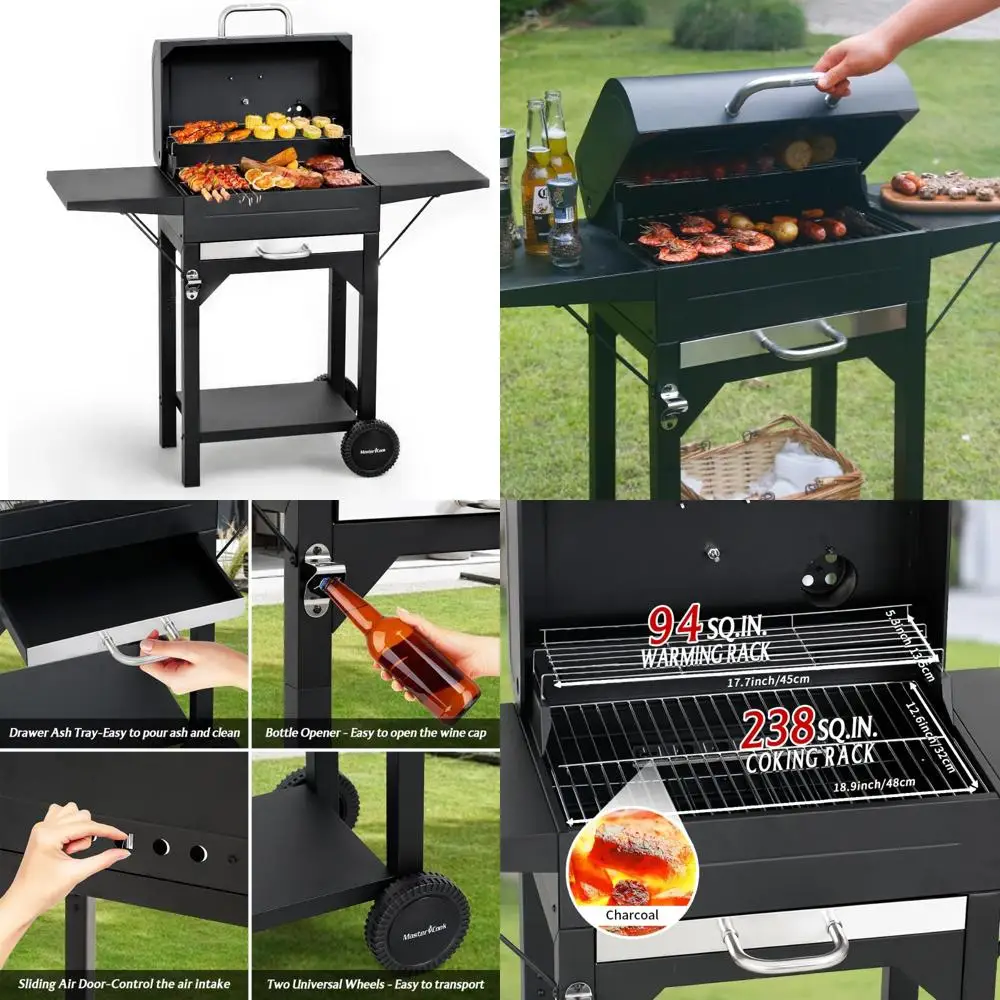 

Master Cook 17-дюймовый угольный гриль с двумя боковыми столами — барбекю для курильщика на открытом воздухе для кемпинга, патио и вечеринок на заднем дворе