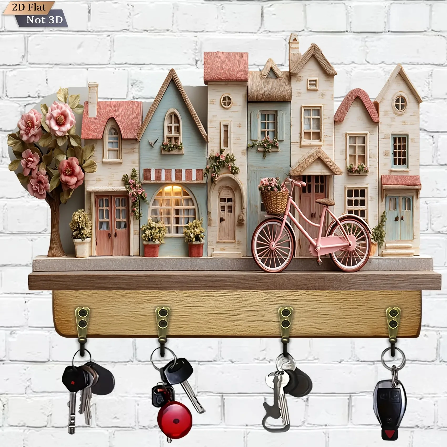 2D12in Retro Country Dreamy Fairy Tale Cottage Wooden Key Holder Multi-Functional Wall Hook Storage IdealPorch Kitchen Decor