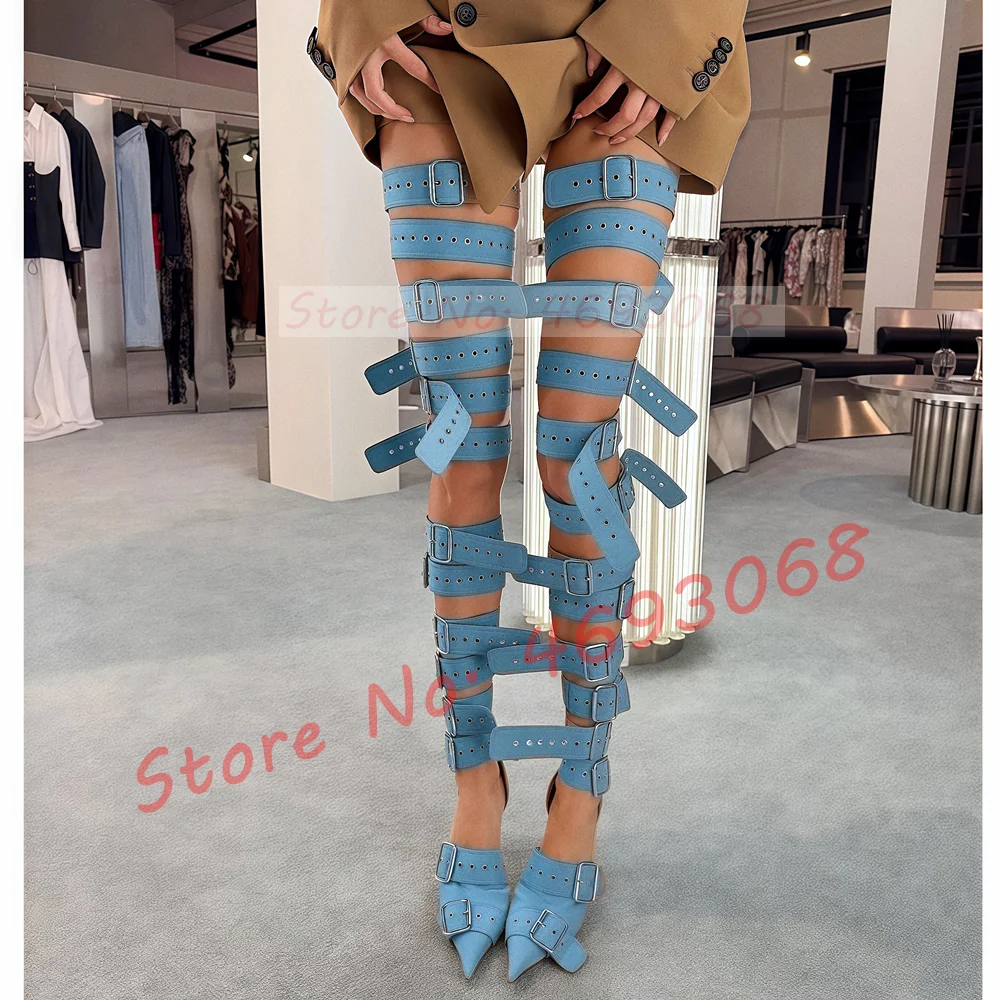 عارية مشبك حزام الفخذ العليا الصنادل المرأة مثير مدبب تو لامعة معدنية الثقوب أحذية طويلة السيدات Puttee صندل كعب عالٍ #5