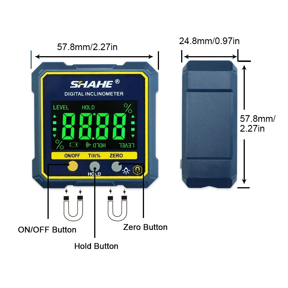 Shahe 2-em 1 nível digital magnético e ângulo localizador inclinômetro bisel calibre com função de retenção luz de fundo e base magnética