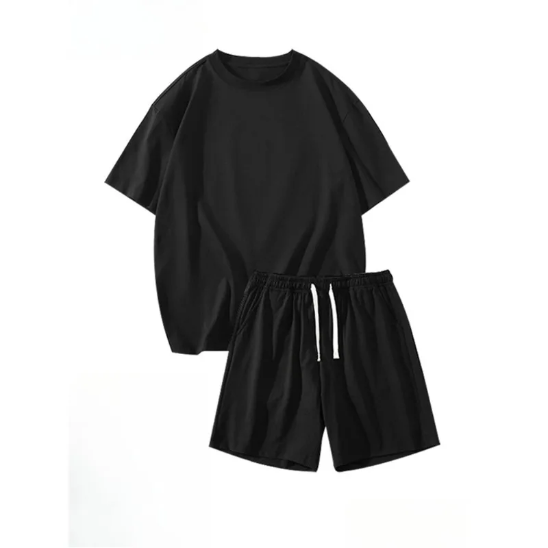

Autumn sports suit men's and women's solid color versatile pure cotton high-end casual T-shirt shorts two-piece set